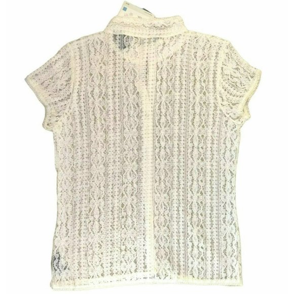 NWT Liz Claiborne Size M White Sheer Lace Button Down Short Sleeve Blouse - Picture 3 of 15